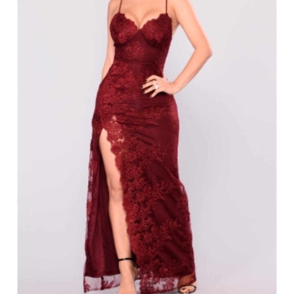 Burgundy lace maxi dress with side slit
